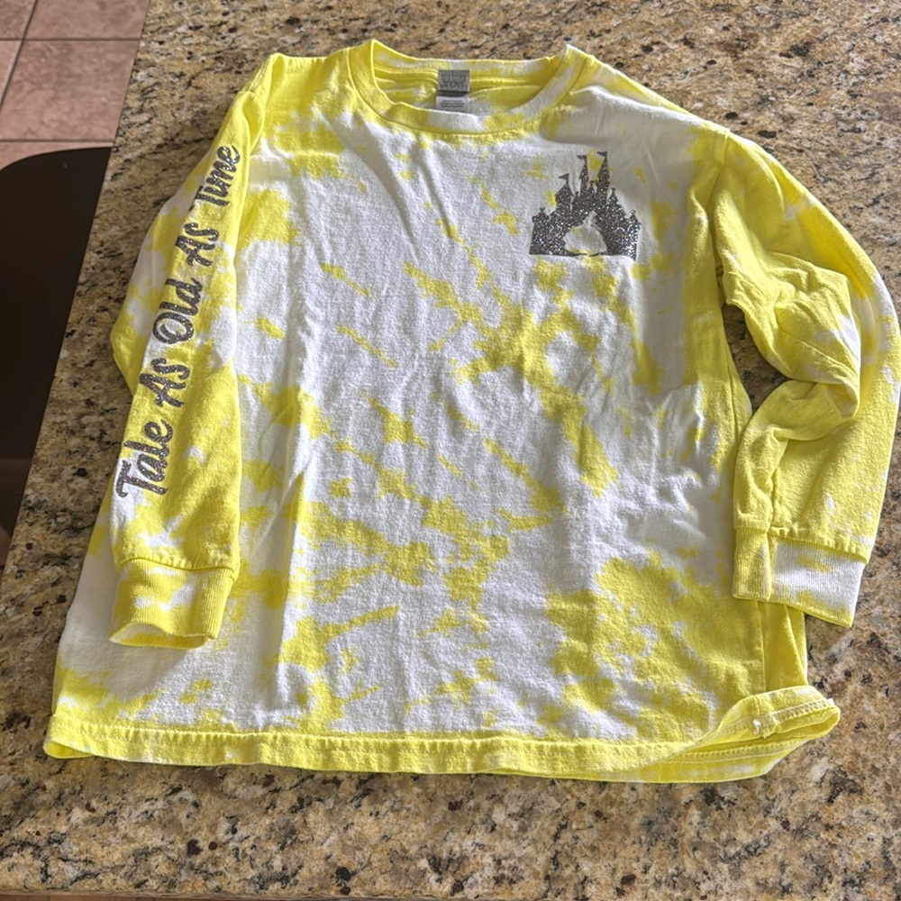 Girls, yellow tie-dye tale as old as time belle tee